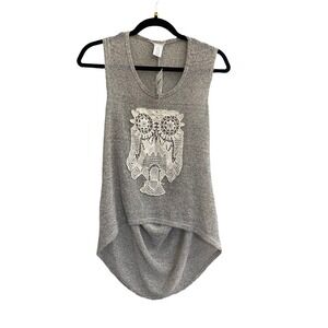 I.NER Small Gauzy Knit Tank Top Crochet Owl Hi-Lo Gray Tan Ivory Drapy Back #103